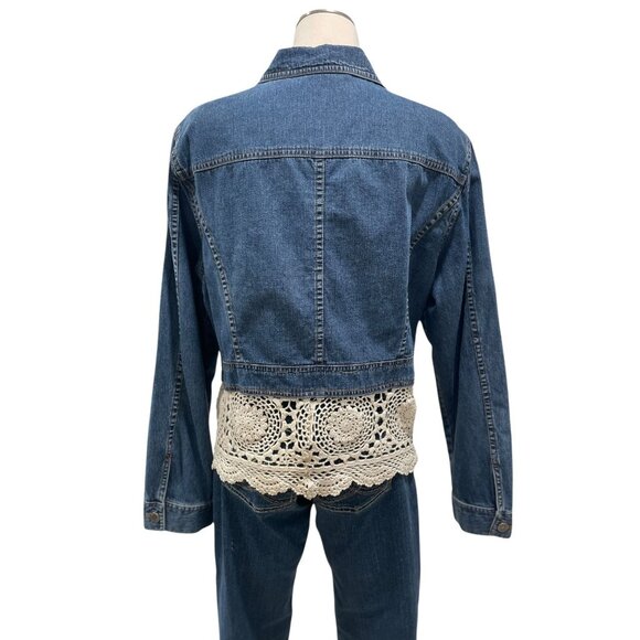Upcycled Denim Jacket Boho Lace Crochet Hem Vintage Western Y2K Cottage Trendy - Picture 5 of 7